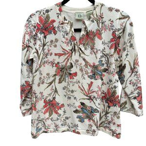 Belongings Floral Print Womens 3/4 Sleeve Knit Split Neck Multicolor Shirt Top M